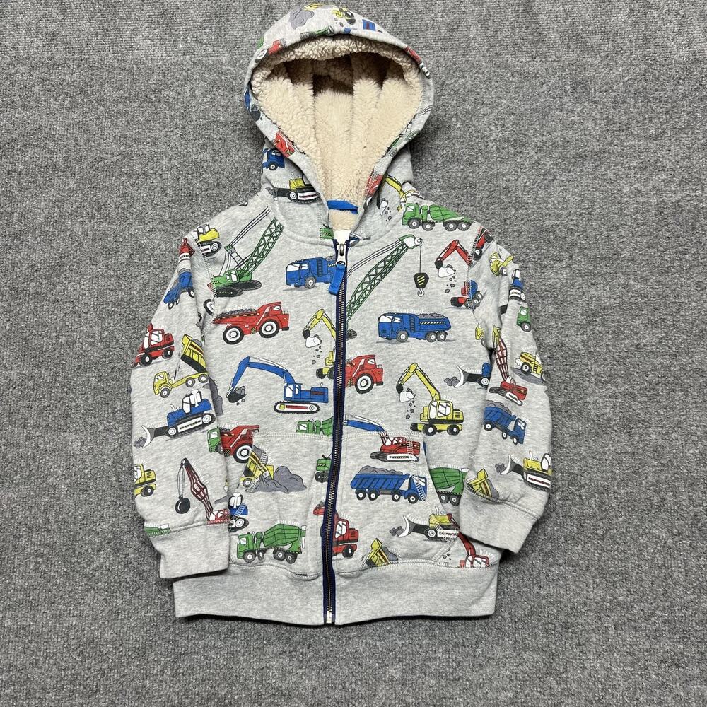 Mini Boden Hoodie Kids 5-6Y Multicolor Sherpa Lined Full Zip Construction Trucks